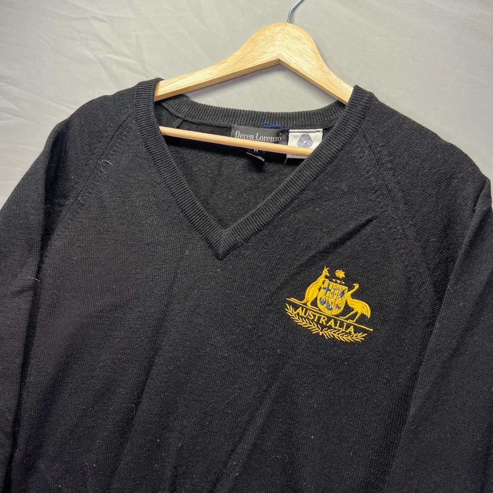 Vintage Australia Sweater Mens Medium Wool Black Knit V Neck Logo Crest Rugby - Picture 3 of 8